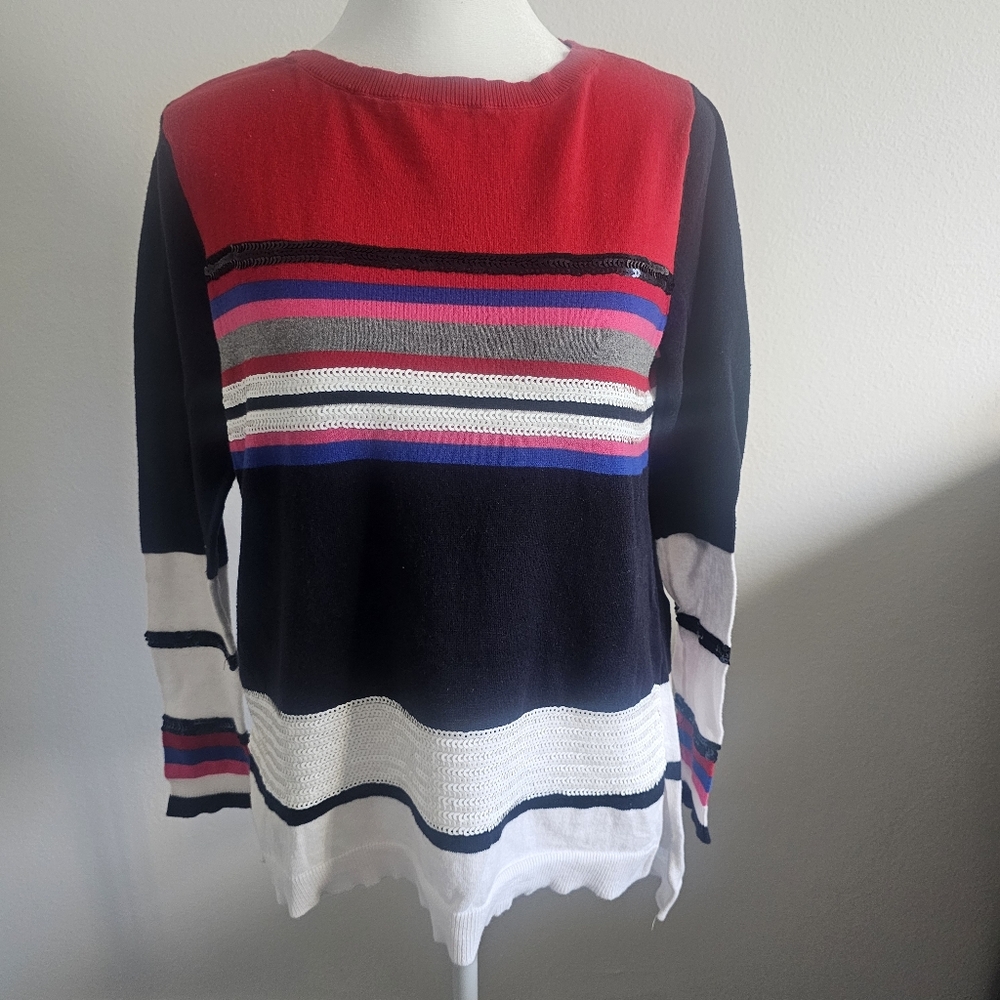 Vintage Liz Claiborne Petite Y2K Striped Sequined Long Sleeve Blouse Medium